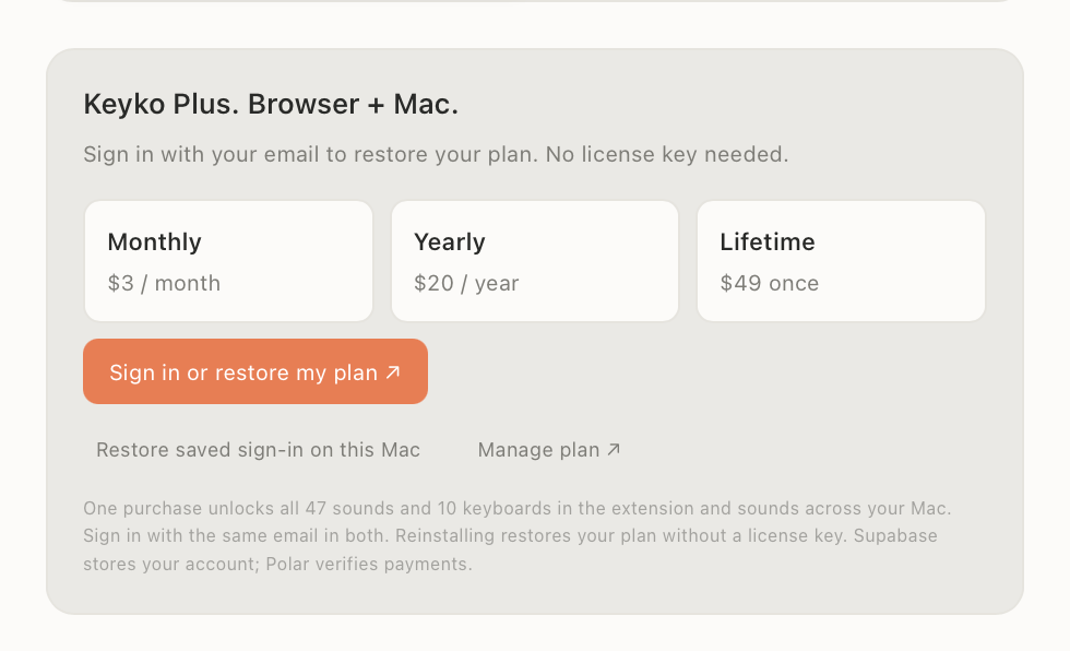 Keyko Plus settings with a Sign in or restore my plan button and monthly, yearly, and lifetime plans.