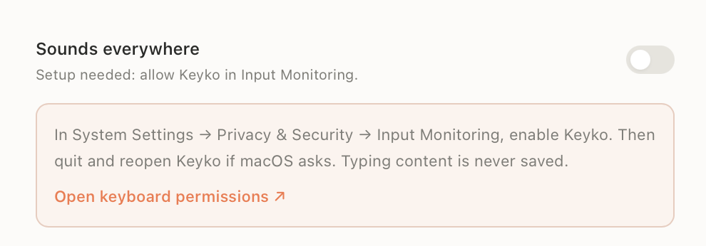 Sounds everywhere settings showing setup needed and the Open keyboard permissions link.