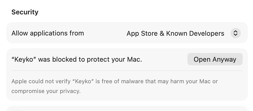 Privacy & Security shows Keyko was blocked and an Open Anyway button.