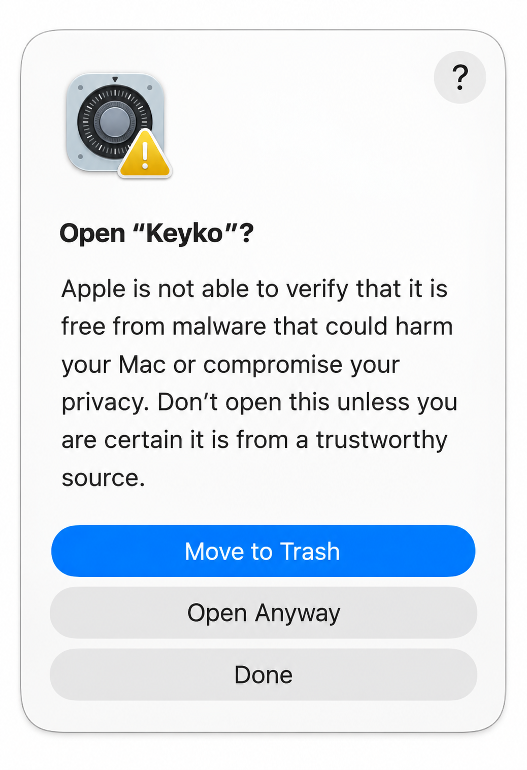 macOS asks Open Keyko, with an Open Anyway button below Move to Trash.