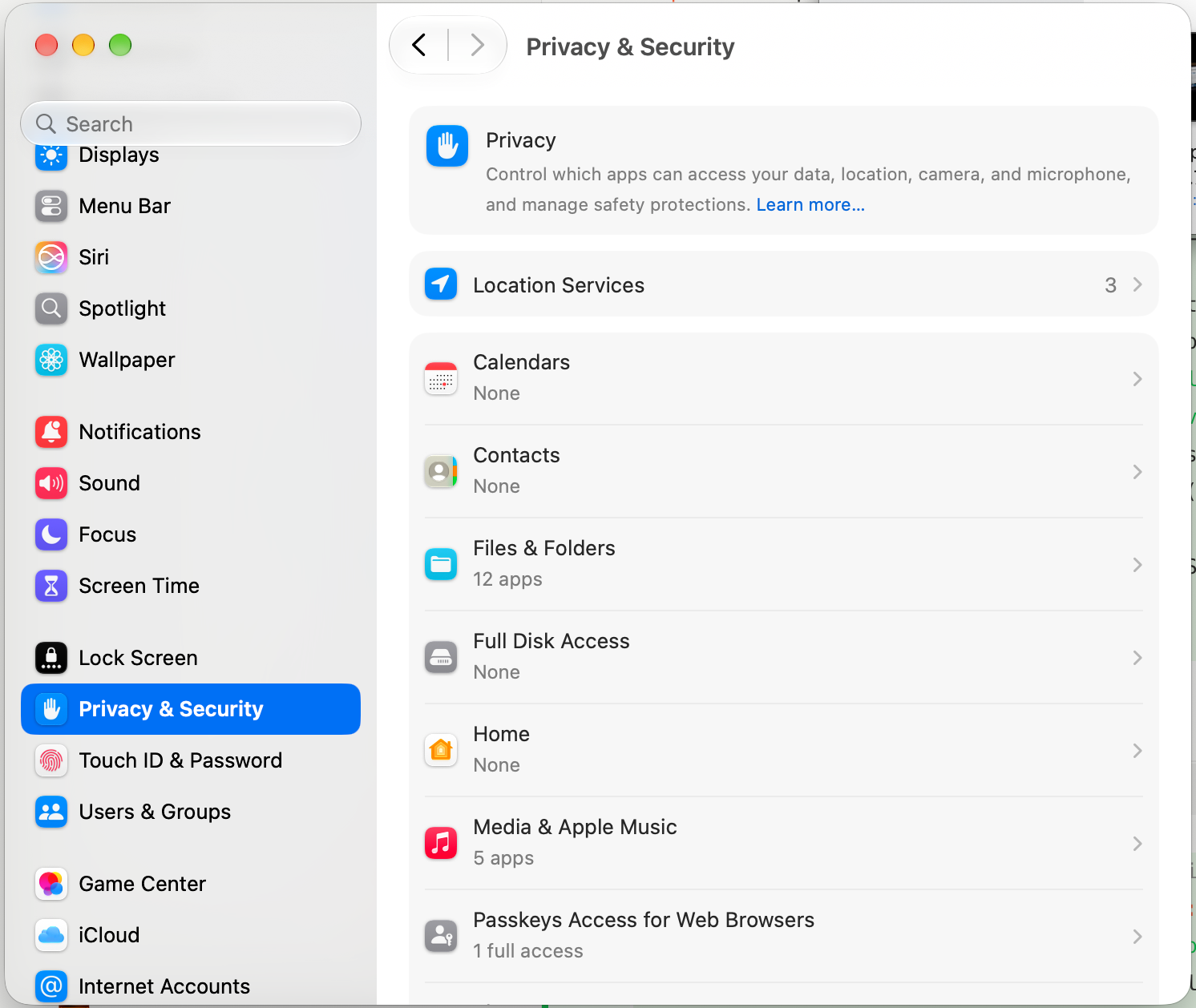 System Settings with Privacy & Security selected in the left sidebar.