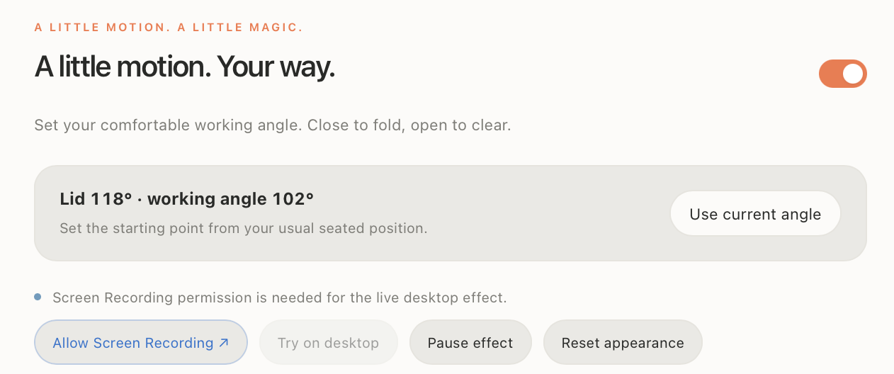 Screen Fold settings with the enable toggle, Use current angle, and Allow Screen Recording controls.