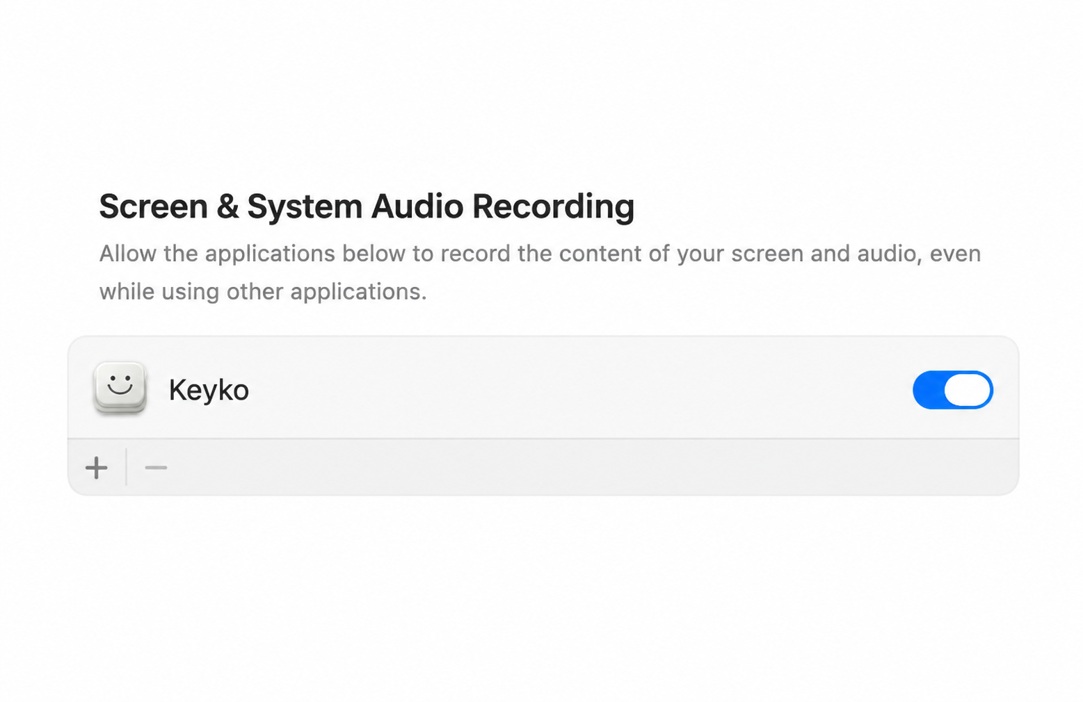 Screen and System Audio Recording with only the Keyko permission row shown and its toggle on.